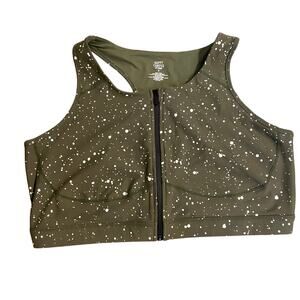 Torrid Happy Camper Olive Green Zip Front Sports Bra Size 4X Splatter Print